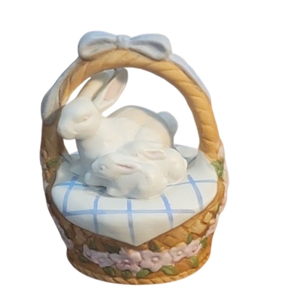 Mother bunny and two babies Ceramic Bunny Basket Figurine Easter